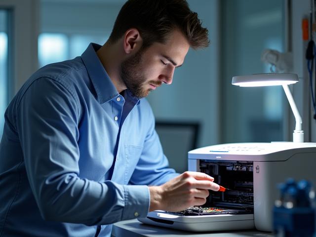 Printer Desk technician inspecting a printer in a clean workshop.