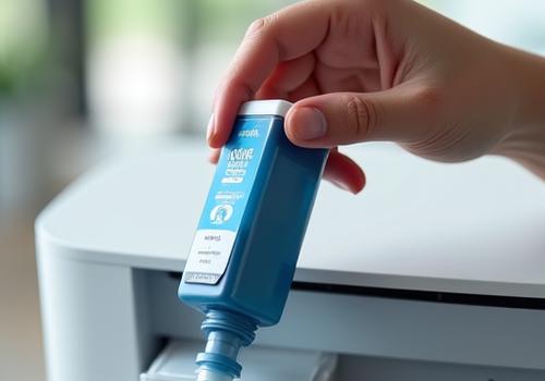 Close-up of a hand refilling an Epson EcoTank printer with ink