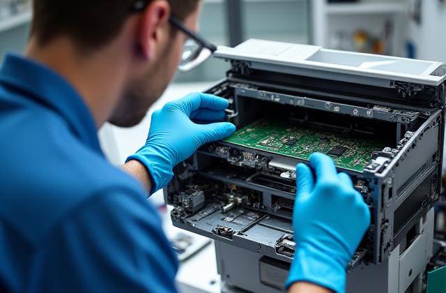 Technician inspecting an HP LaserJet printer, emphasizing quality refurbishment